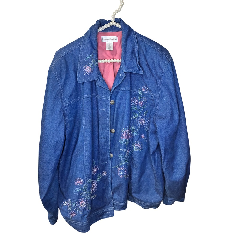 Draper's & Damon's Denim Jacket Womens 14 Blue Good Floral Embroidered Lined